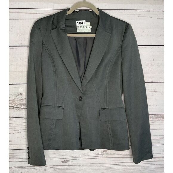 REISS Gray Blazer‎ Jacket One Button Single Women's Size 6 Wool Blend Neutral - Picture 2 of 10